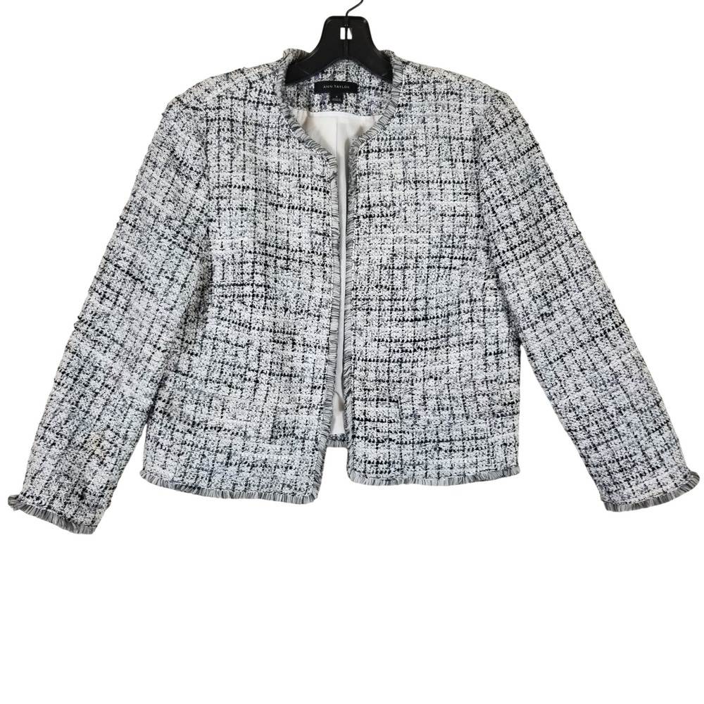 Ann Taylor Tweed Jacket Women Size 8 Black White Blue Fringe Trim Open Front